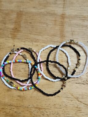 8 Bohemian Bracelets- Women-Handcrafted Seed Bead Stretch-Gold Heart Accent- NEW